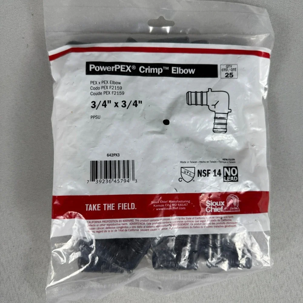 Lot of 3 - Sioux Chief 642PX3 25pcs PowerPEX 3/4 x 3/4 Polymer Crimp Elbows New
